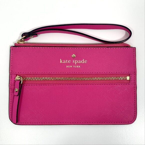 KATE SPADE New York Mikas Pond Bee Wristlet Sweetheart Pink & Gold Lettering EUC - Picture 1 of 12
